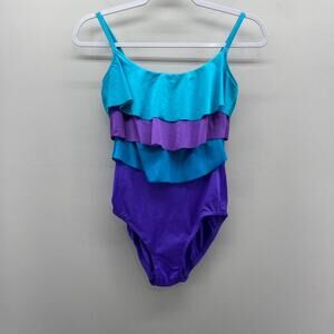 VTG Sirena Liquid Satin Tiered Ruffle Swimsuit Womens‎ 8 Purple Teal Ombre 80s
